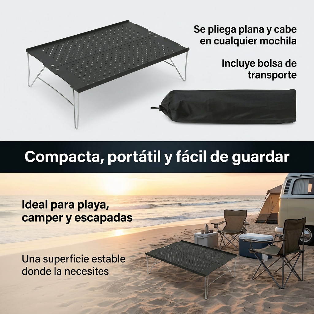Mini Mesa de Camping Ultraligera de Aluminio - Mesa Auxiliar Plegable y Perforada para Trekking, Playa y Picnic